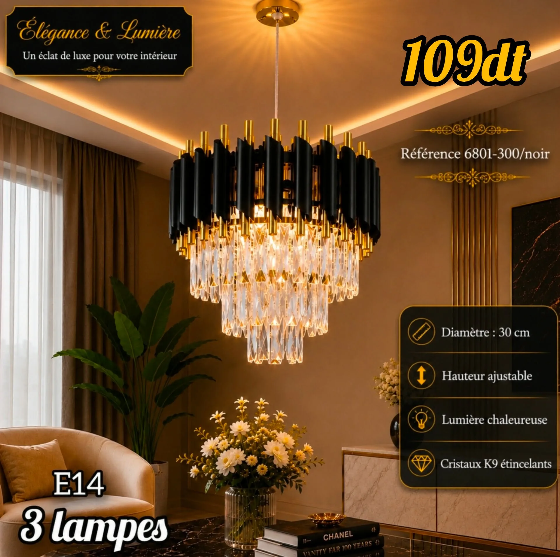 Lustre Cristal Luxe Noir 30 cm | Top Déco Tunisie