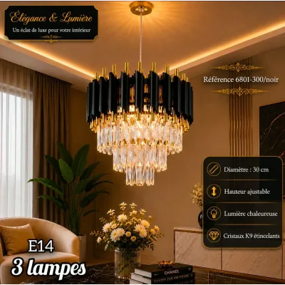 Lustre Cristal Luxe Noir 30 cm | Top Déco Tunisie