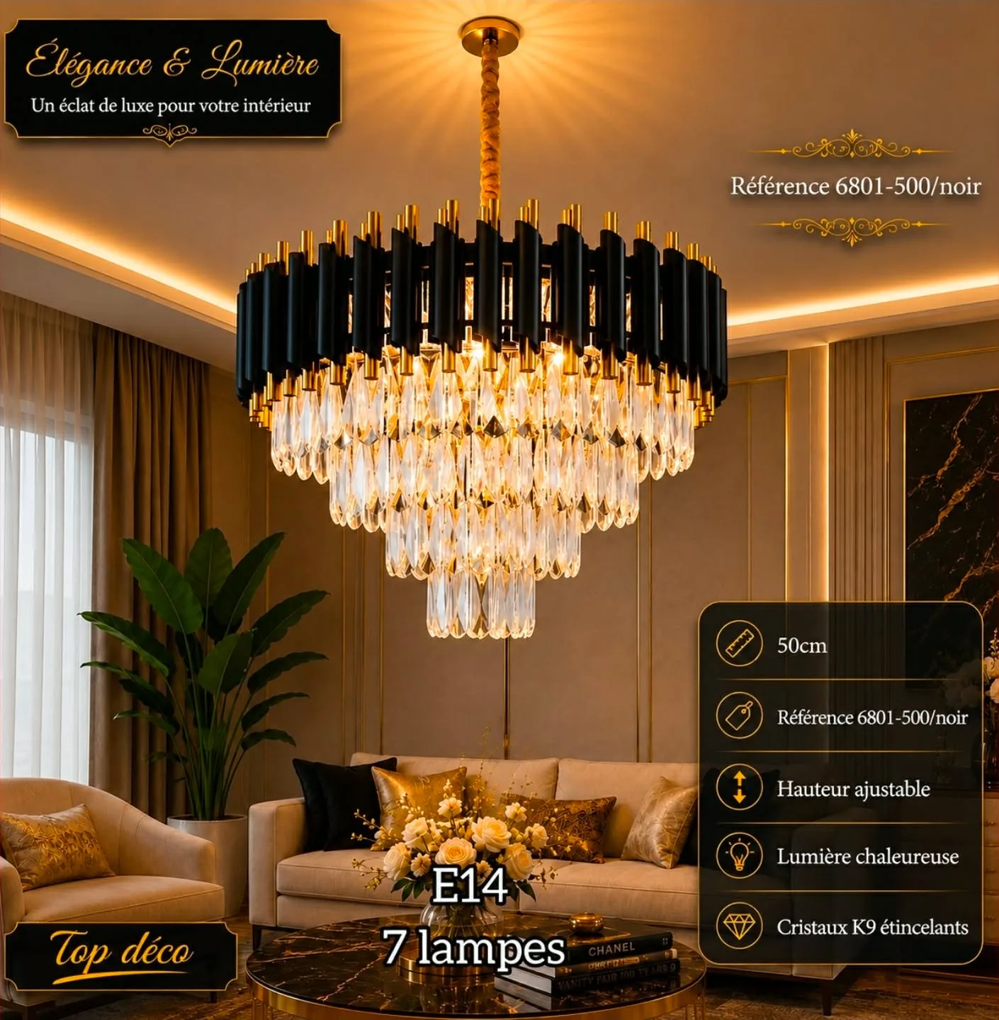 Lustre Cristal Luxe Noir 50 cm
