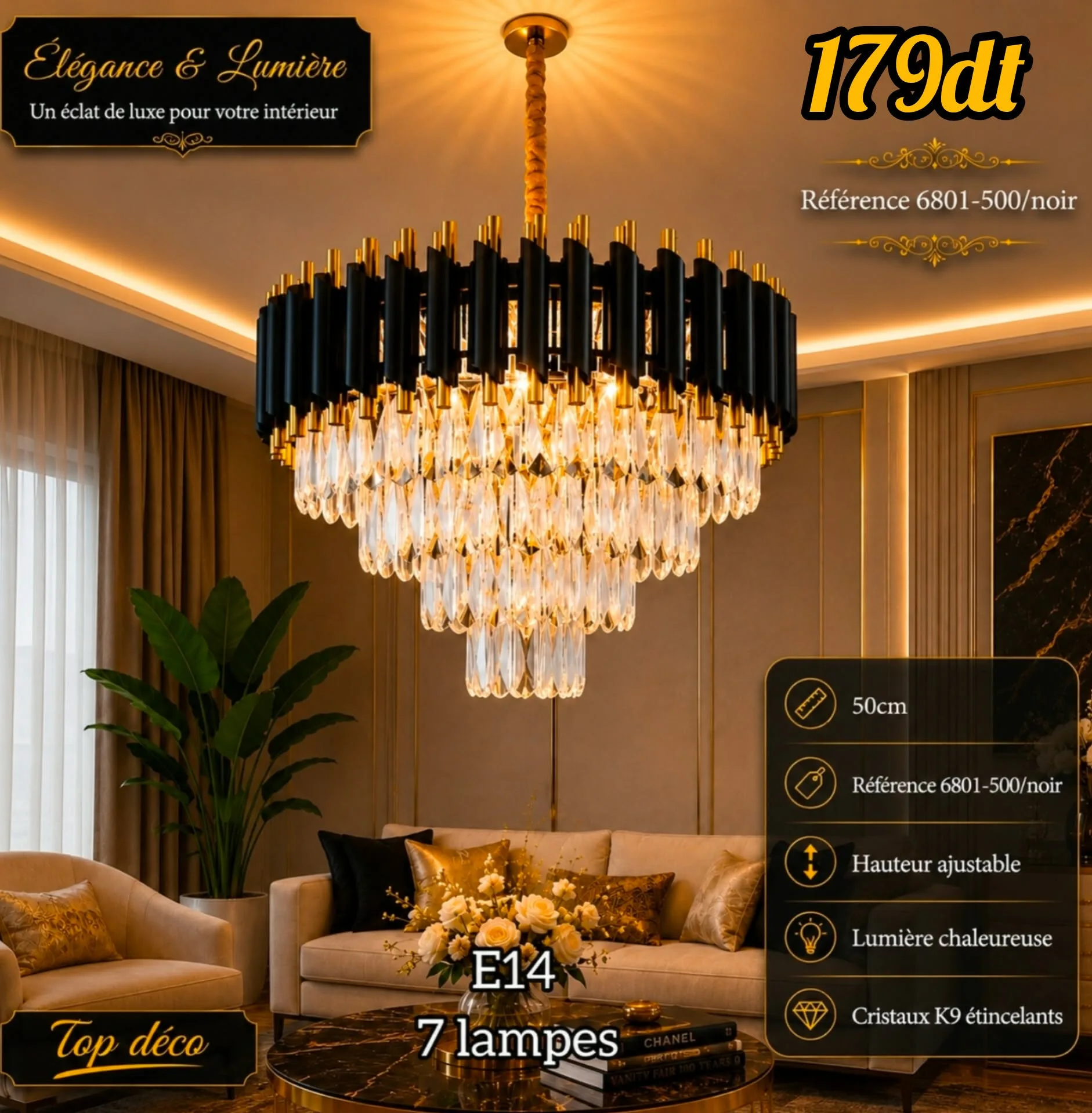 Lustre Cristal Luxe Noir 50 cm | Top Déco Tunisie