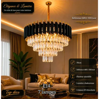 Lustre Cristal Luxe Noir 50 cm | Top Déco Tunisie