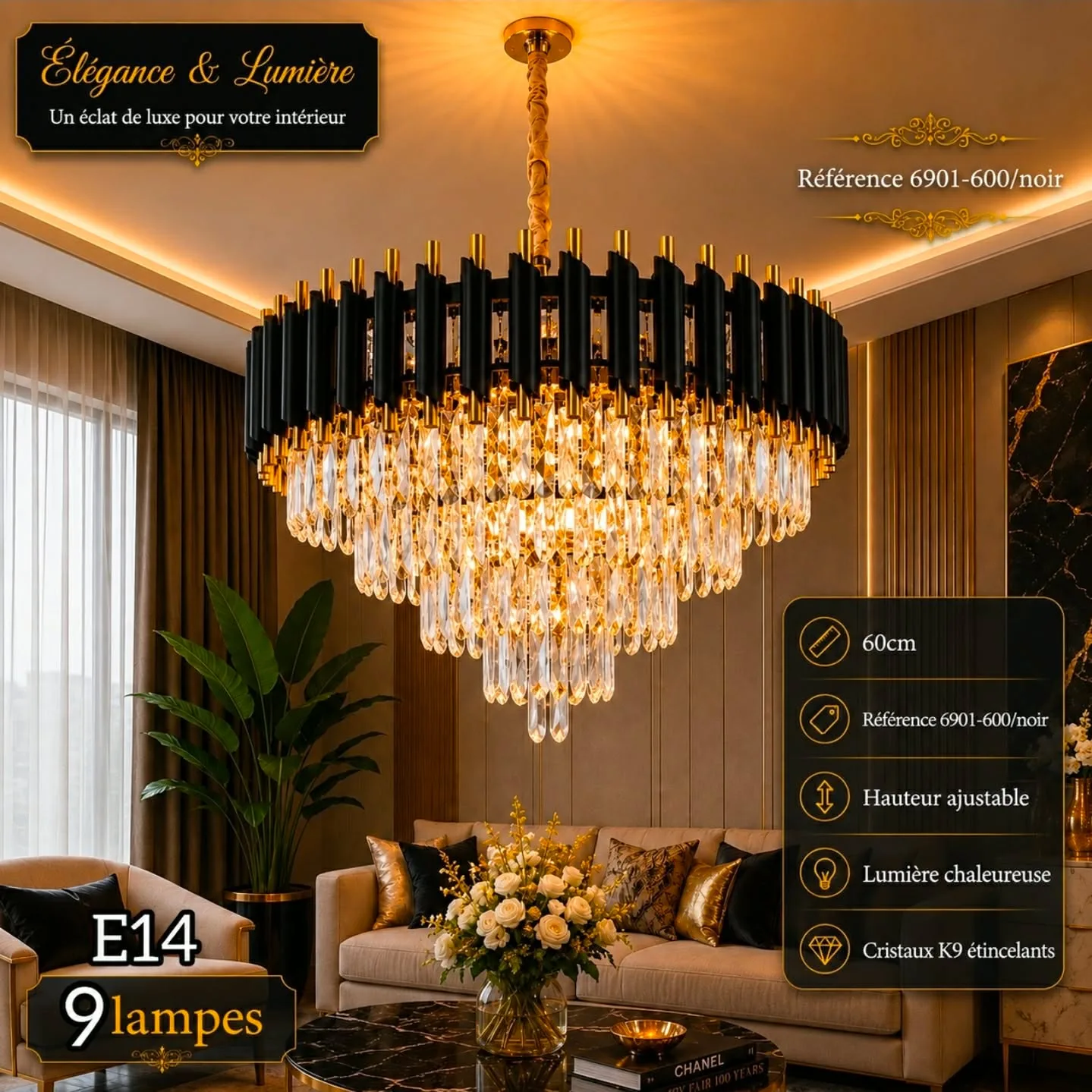 Lustre Cristal Luxe Noir 60 cm