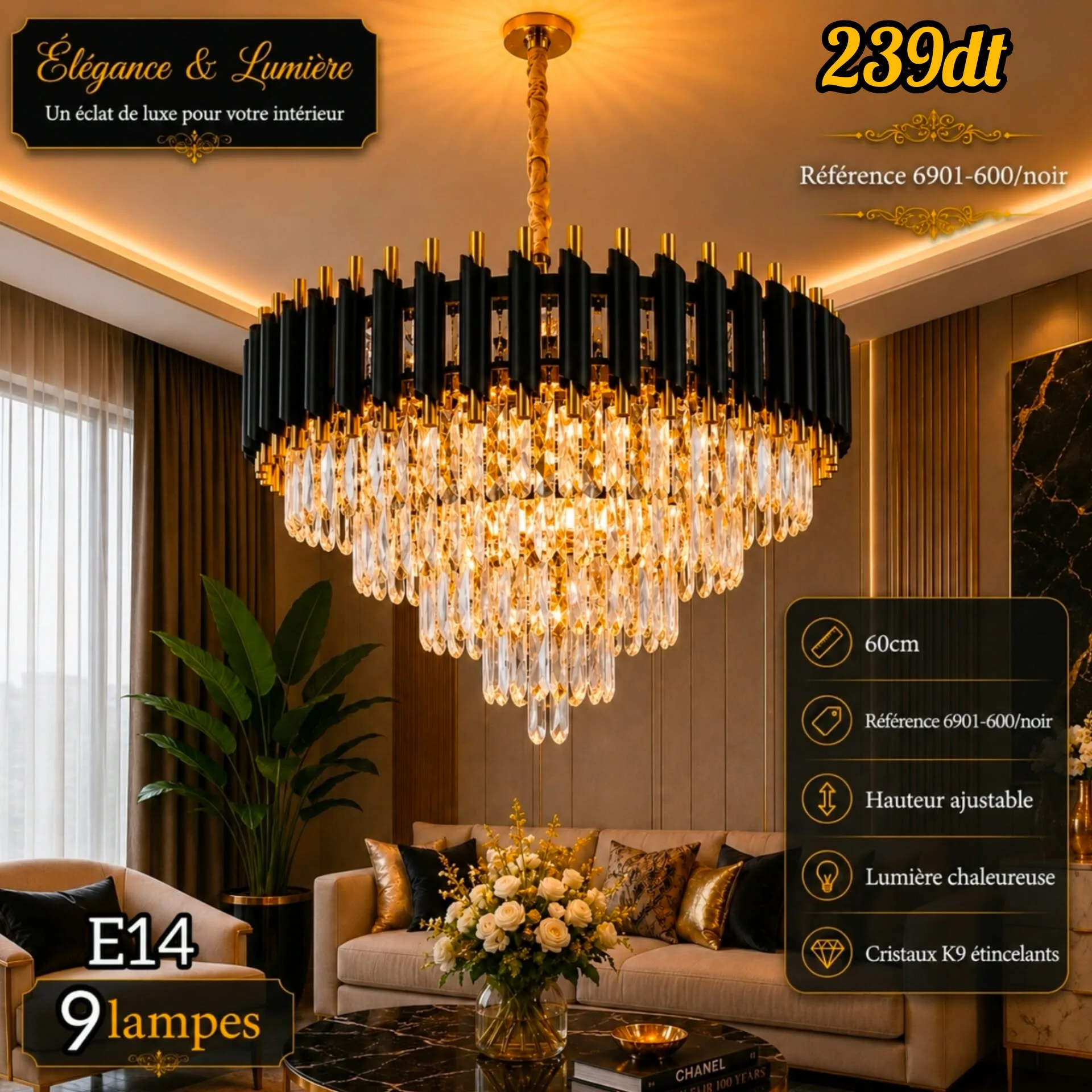 Lustre Cristal Luxe Noir 60 cm | Top Déco Tunisie