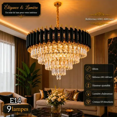Lustre Cristal Luxe Noir 60 cm | Top Déco Tunisie