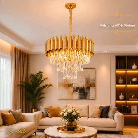Lustre Cristal Luxe Doré 30 cm | Top Déco Tunisie