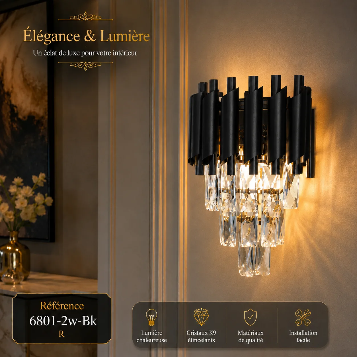 Applique Murale Cristal Luxe Noir – 2 Lampes