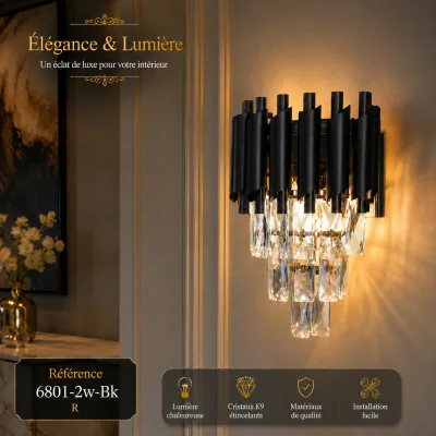 Applique Murale Cristal Luxe Noir – 2 Lampes | Top Déco Tunisie