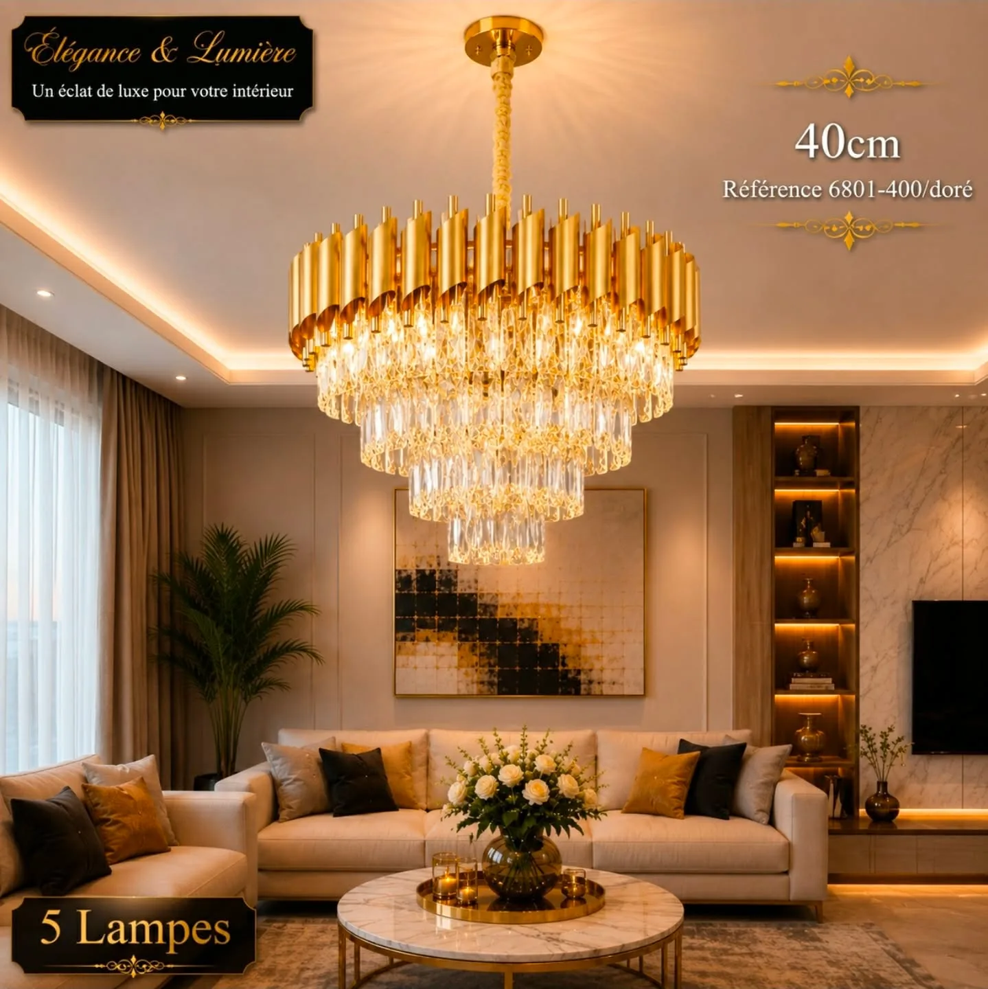 Lustre Cristal Luxe Doré 40 cm