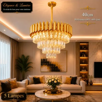 Lustre Cristal Luxe Doré 40 cm | Top Déco Tunisie