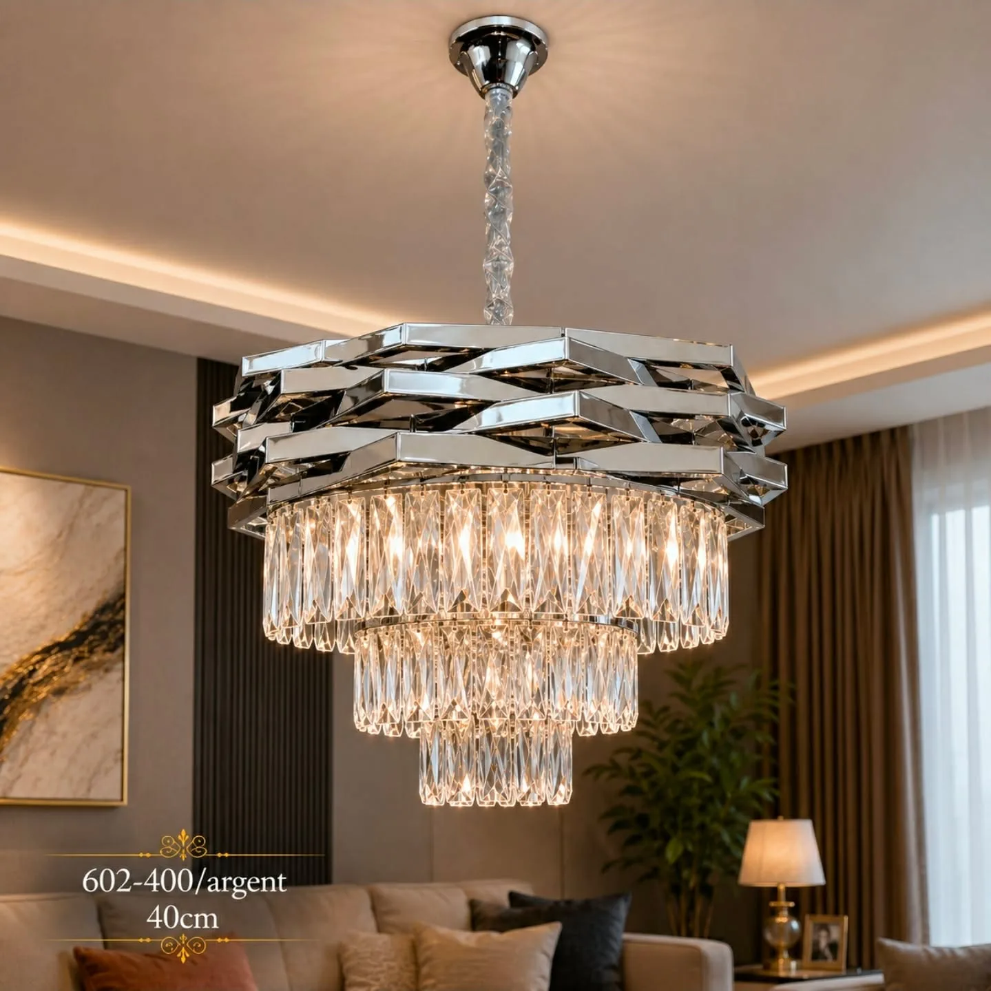 Lustre Cristal Prestige Argent – Design Moderne 40 cm | Top Déco Tunisie