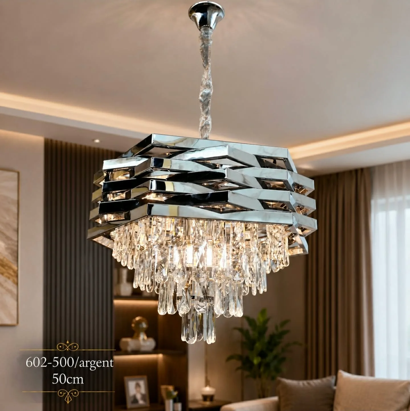 Lustre Cristal Prestige Argent – Design Moderne 50 cm | Top Déco Tunisie