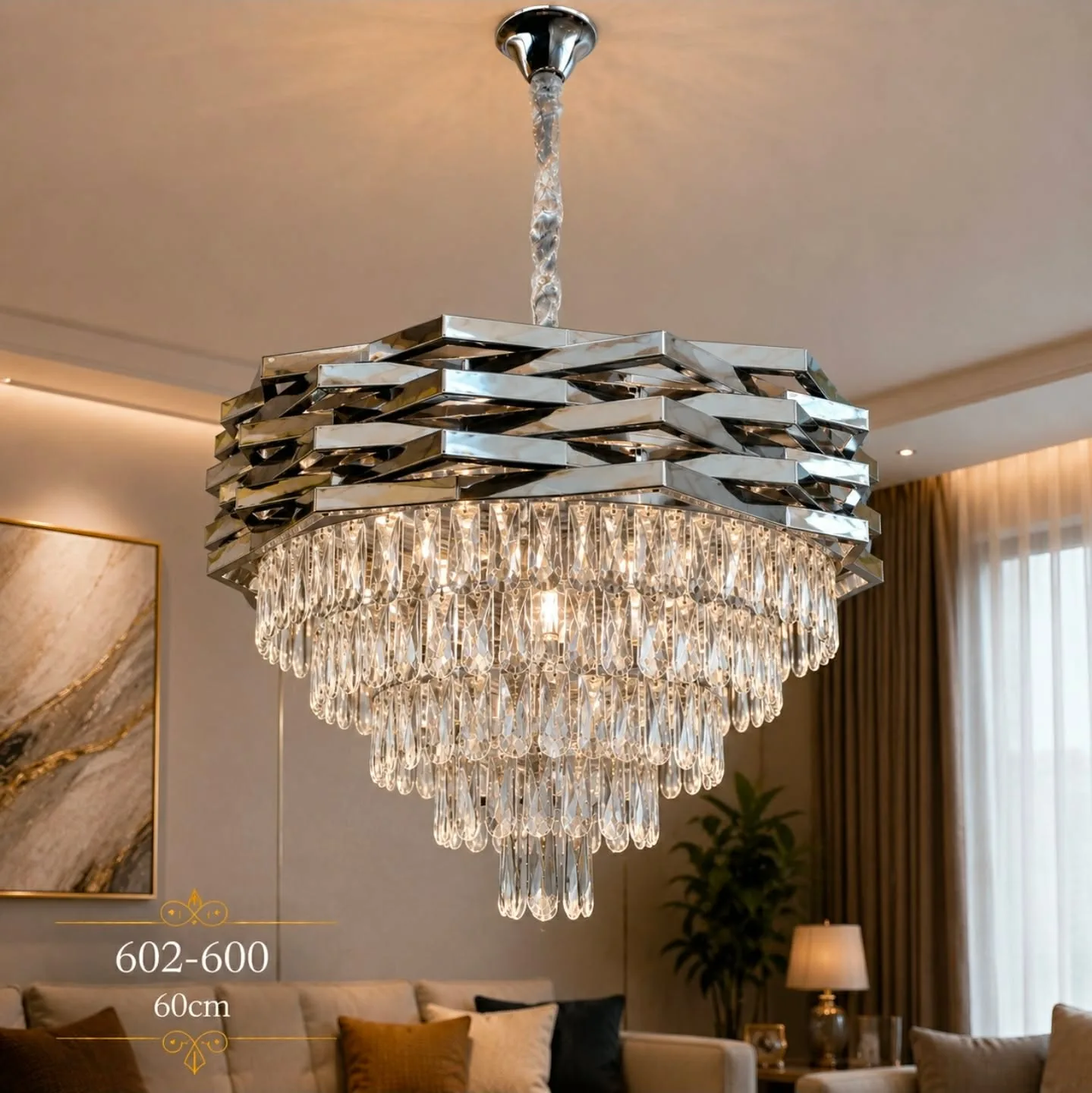 Lustre Cristal Prestige Argent – Design Moderne 60 cm | Top Déco Tunisie