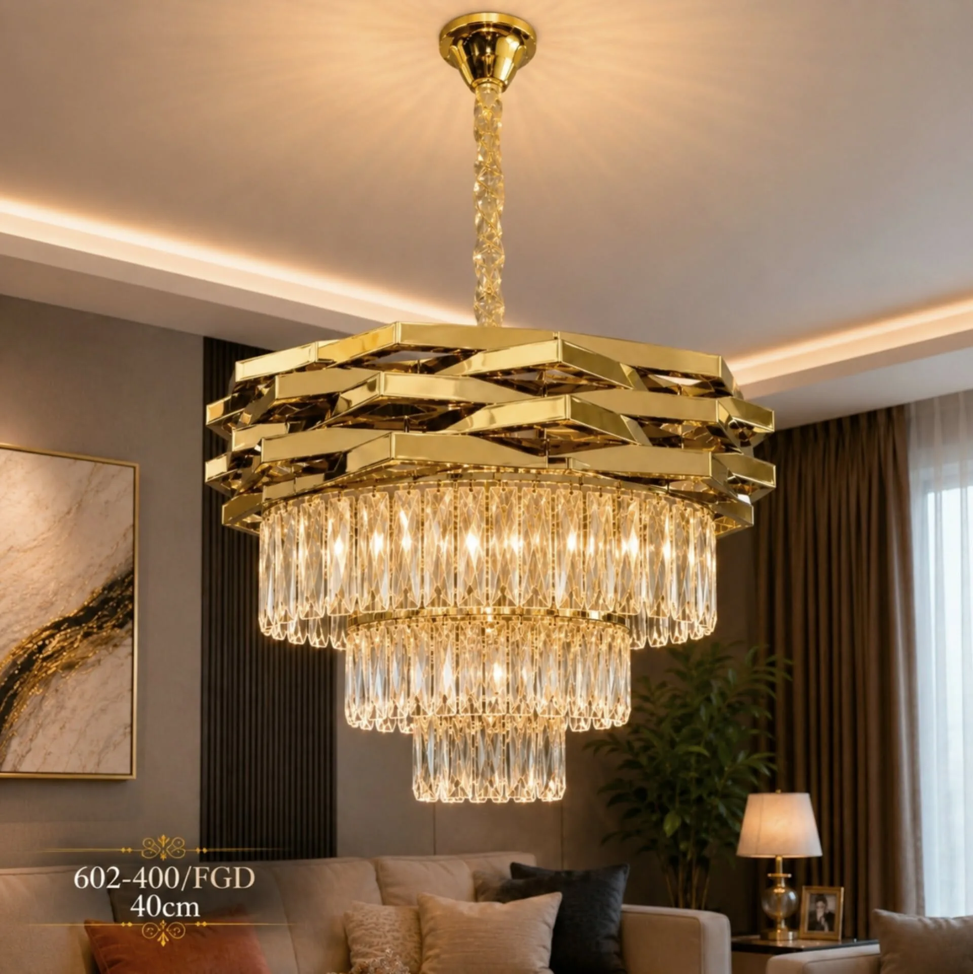 Lustre Cristal Prestige Doré – Design Moderne 40 cm | Top Déco Tunisie