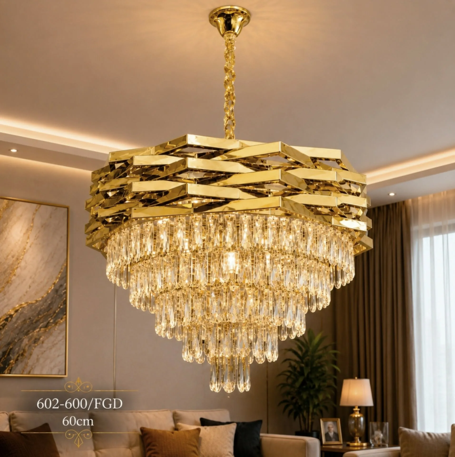 Lustre Cristal Prestige Doré – Design Moderne 60 cm | Top Déco Tunisie
