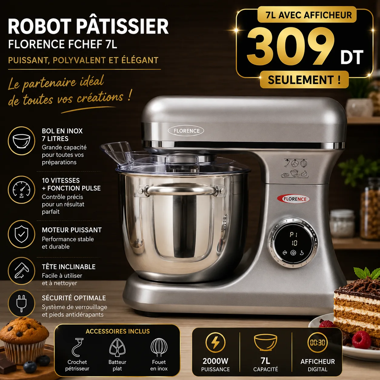 Pétrin Professionnel Florence Gris 7L avec Afficheur | Top Déco Tunisie