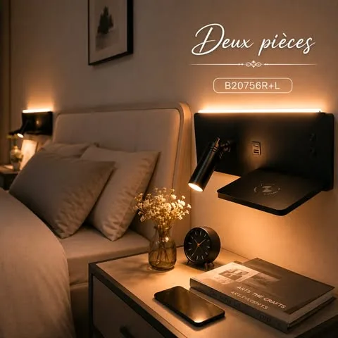 Pack de 2 Appliques Murales LED avec Support de Téléphone & Chargeur USB