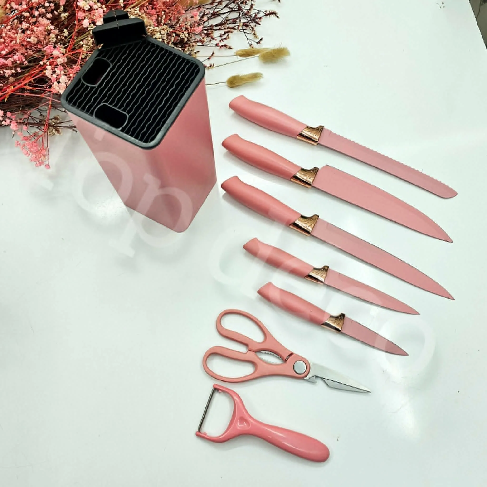 Set de Couteaux de Cuisine Premium 8 Pièces avec Support – Rose Corail