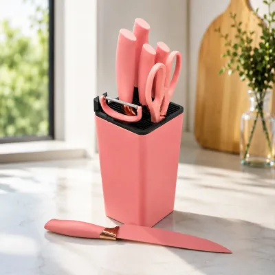 Set de Couteaux de Cuisine Premium 8 Pièces avec Support – Rose Corail | Top Déco Tunisie