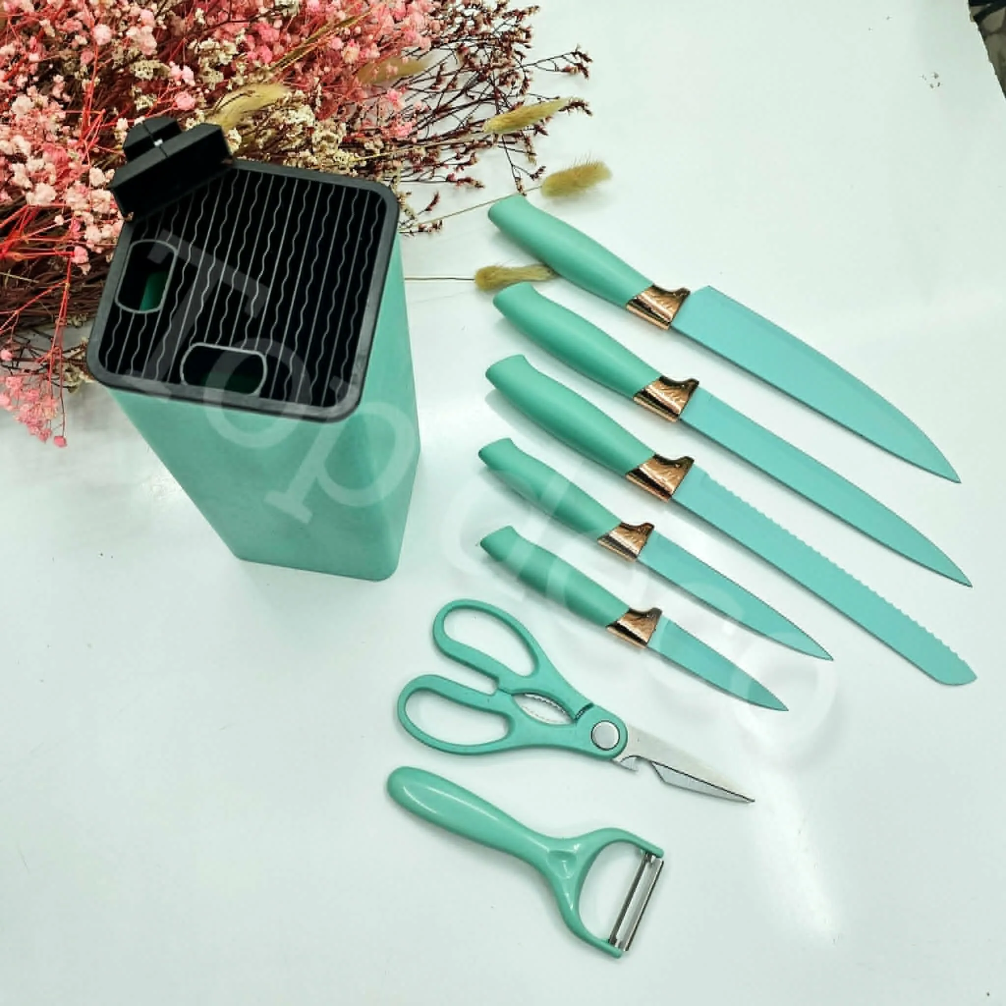 Set de Couteaux de Cuisine Premium 8 Pièces avec Support – Turquoise