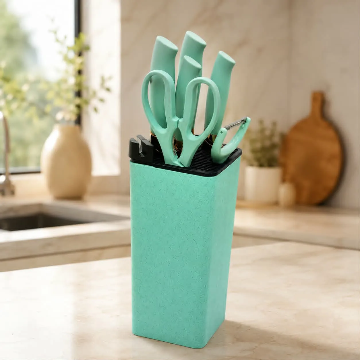 Set de Couteaux de Cuisine Premium 8 Pièces avec Support – Turquoise