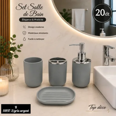Ensemble d'Accessoires de Salle de Bain 4 Pièces- Gris & Argent | Top Déco Tunisie