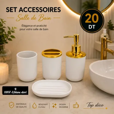 Ensemble d'Accessoires de Salle de Bain 4 Pièces Blanc & Doré | Top Déco Tunisie
