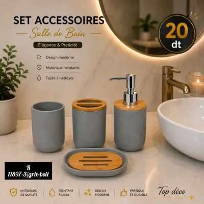 Ensemble d'Accessoires de Salle de Bain 4 Pièces Gris & Boit | Top Déco Tunisie