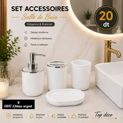 Ensemble d'Accessoires de Salle de Bain 4 Pièces- Blanc & Argent | Top Déco Tunisie