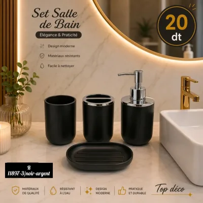Ensemble d'Accessoires de Salle de Bain 4 Pièces- Noir & Argent | Top Déco Tunisie