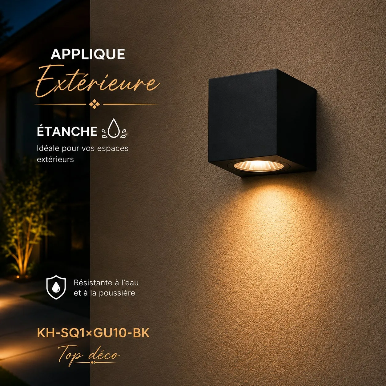 Applique Murale Extérieure Carrée Noire GU10 – Étanche IP65