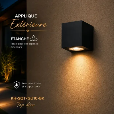 Applique Murale Extérieure Carrée Noire GU10 – Étanche IP65 | Top Déco Tunisie