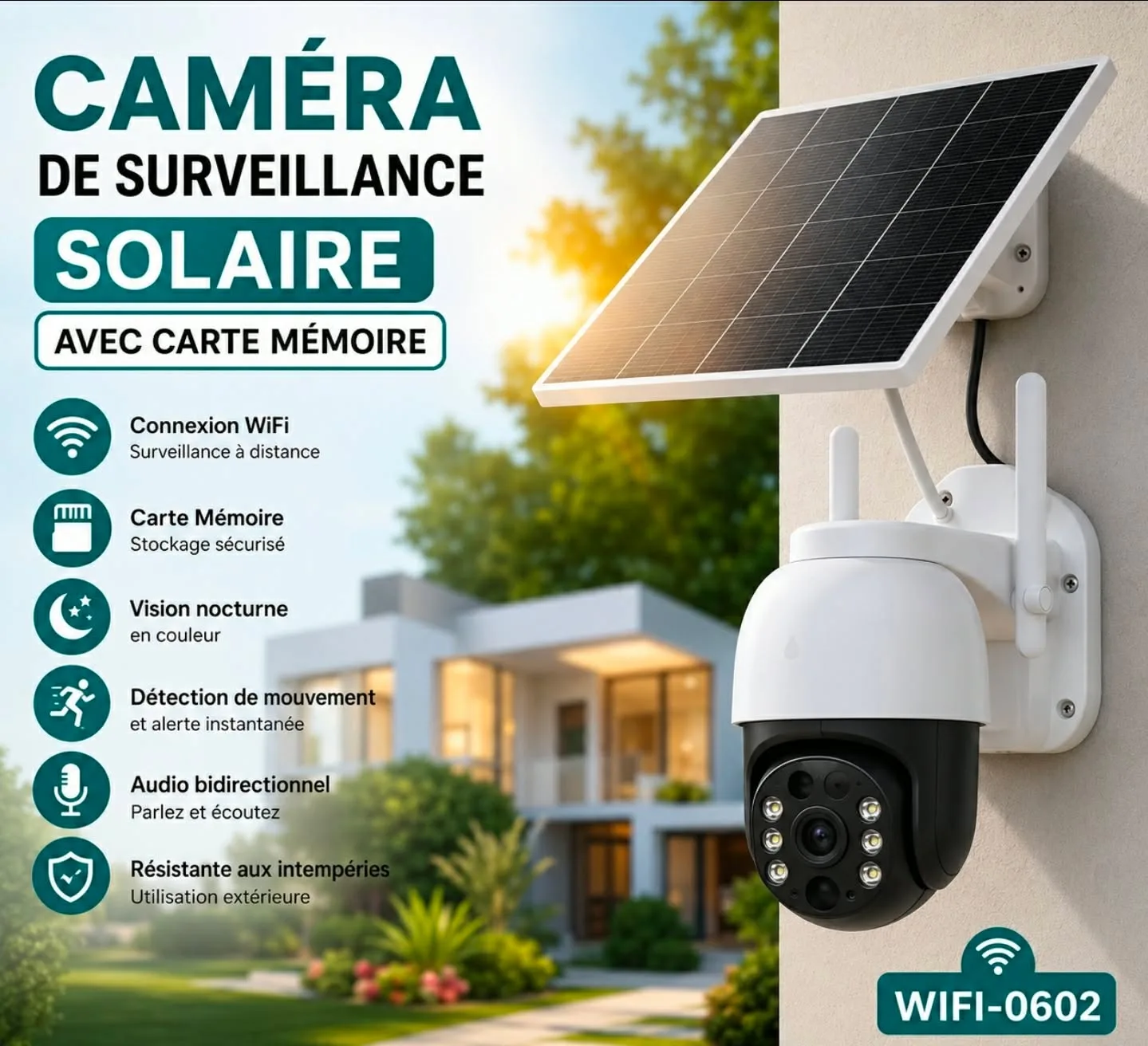 Caméra de Surveillance Rechargeable avec Panneau Solaire