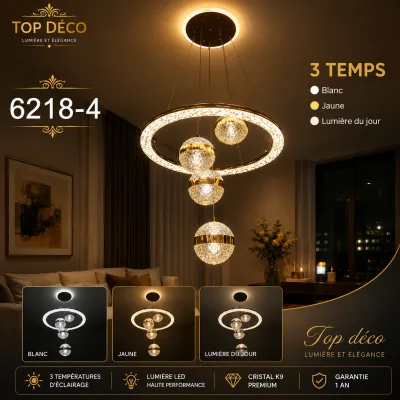 Lustre LED Cristal Suspendu 4 Boules | Top Déco Tunisie