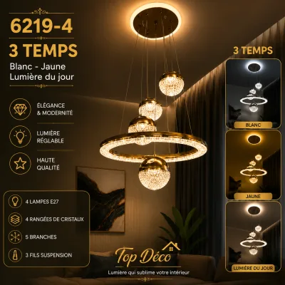 Lustre LED Cristal Suspendu 4 Boules | Top Déco Tunisie