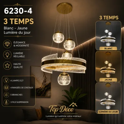Lustre LED Cristal Rond 4 Boules | Top Déco Tunisie