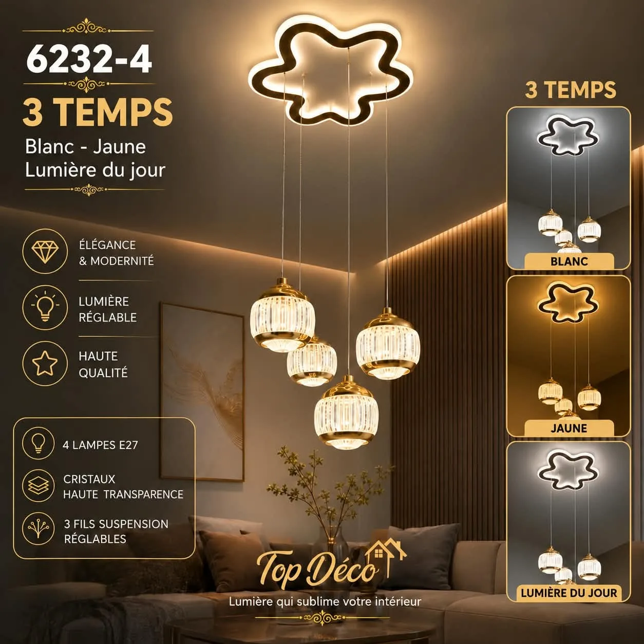 Lustre LED Fleur Cristal 4 Boules