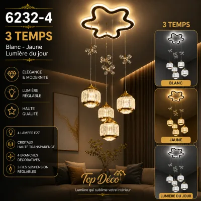 Lustre LED Fleur Cristal 4 Boules | Top Déco Tunisie