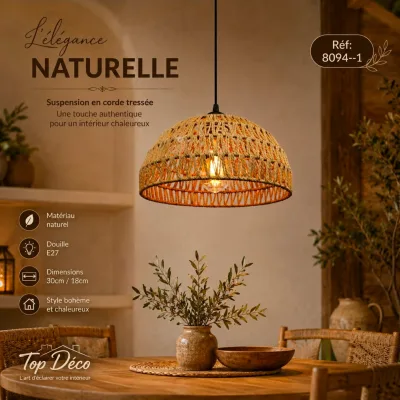 Suspension Bohème en Corde Naturelle Tressée – Lustre Rond Design | Top Déco Tunisie