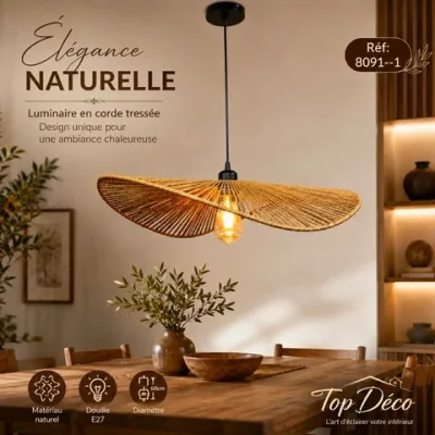 Suspension Ovale en Corde Naturelle Tressée – Lustre Bohème Design | Top Déco Tunisie