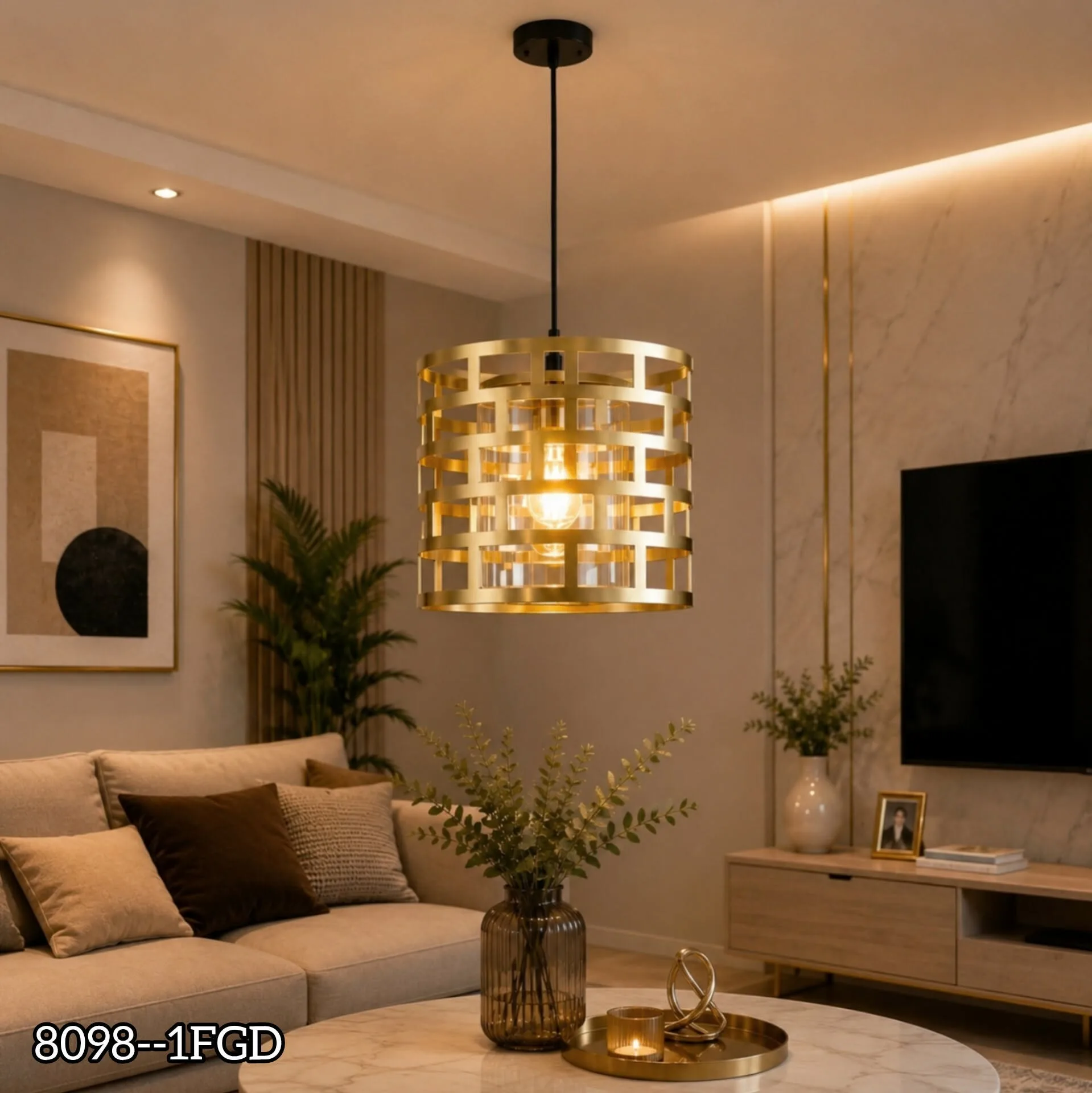 Lustre Suspendu Cylindrique Doré – Design Géométrique Moderne