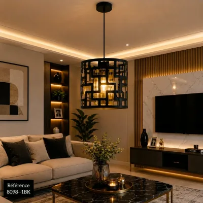 Lustre Suspendu Cylindrique Noir – Design Géométrique Moderne | Top Déco Tunisie