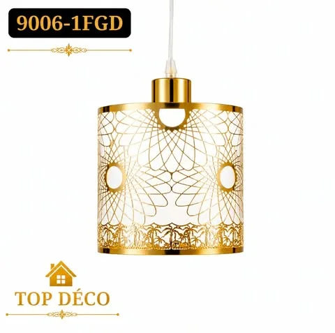 Lustre Suspendu Cylindrique Doré – Design Artistique en Métal Ajouré