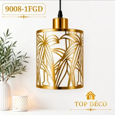 Lustre Suspendu Cylindrique Doré – Motifs Palmier Élégance Luxueuse | Top Déco Tunisie