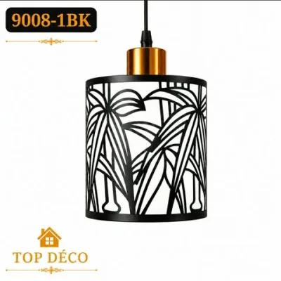 Lustre Suspendu Cylindrique Noir – Motifs Palmier Élégance Luxueuse | Top Déco Tunisie