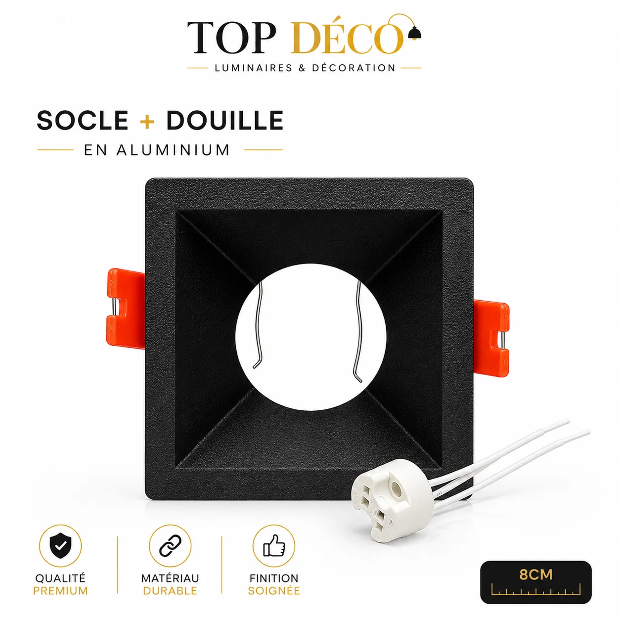 Socle Carré Encastrable 8 cm en Aluminium avec Douille GU10 – Noir Mat