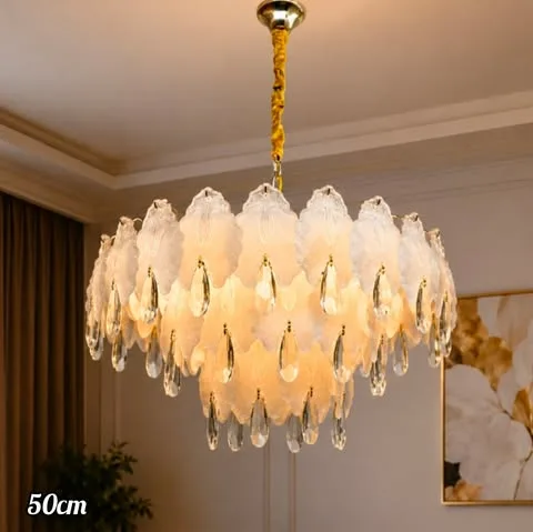 Lustre Cristal Feuilles Blanches Dorées 50 cm