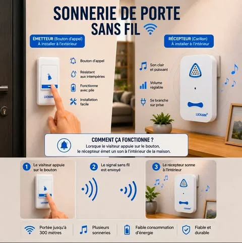 Sonnette de Porte Sans Fil 300 m – Longue Portée avec Carillons Multiples