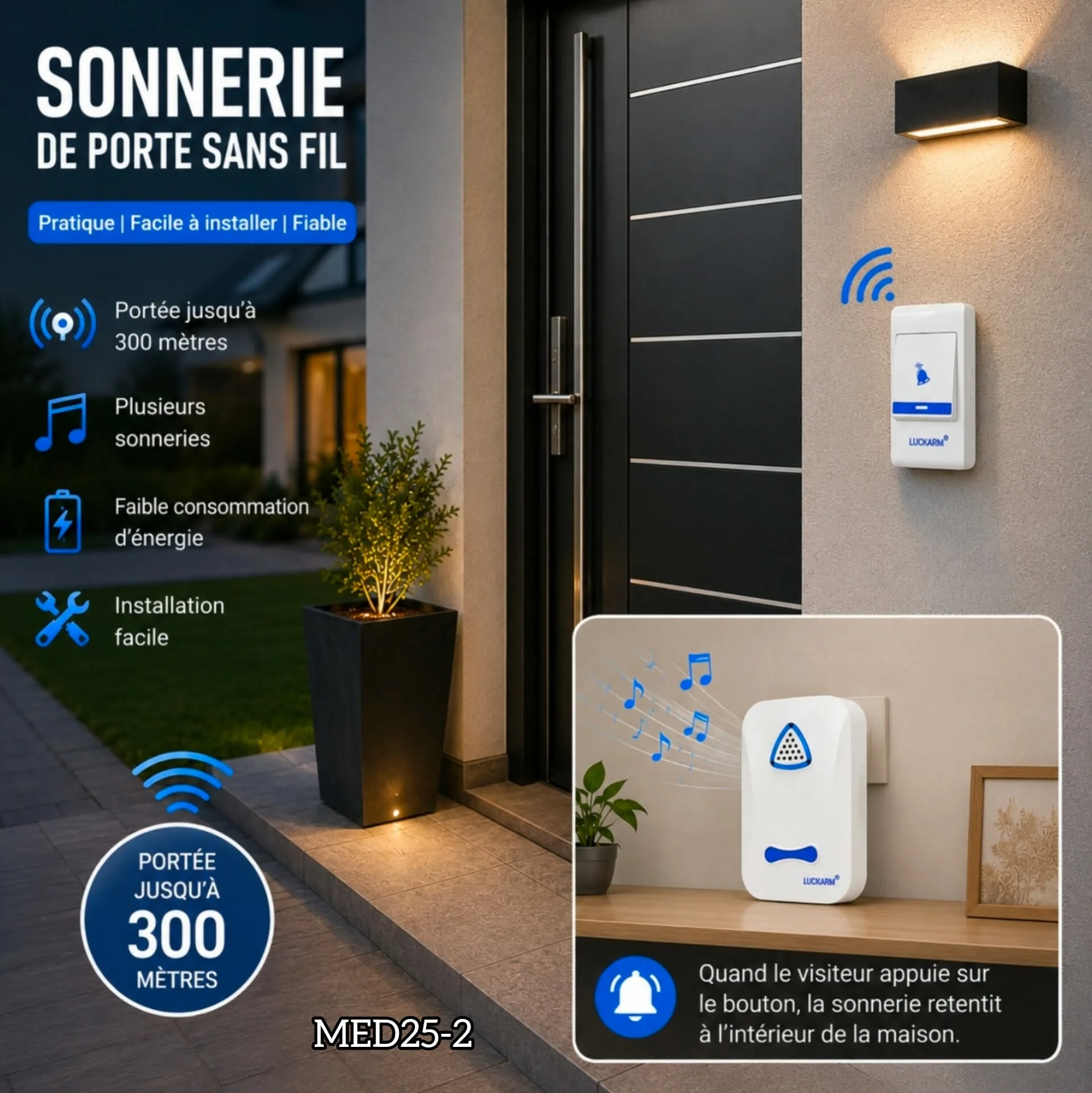 Sonnette de Porte Sans Fil 300 m – Longue Portée avec Carillons Multiples