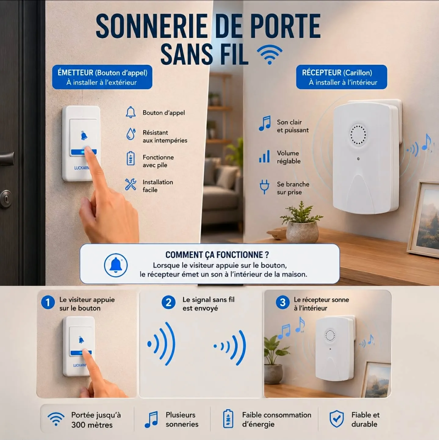 Sonnette de Porte Sans Fil 300 m – Carillon Intelligent Longue Portée