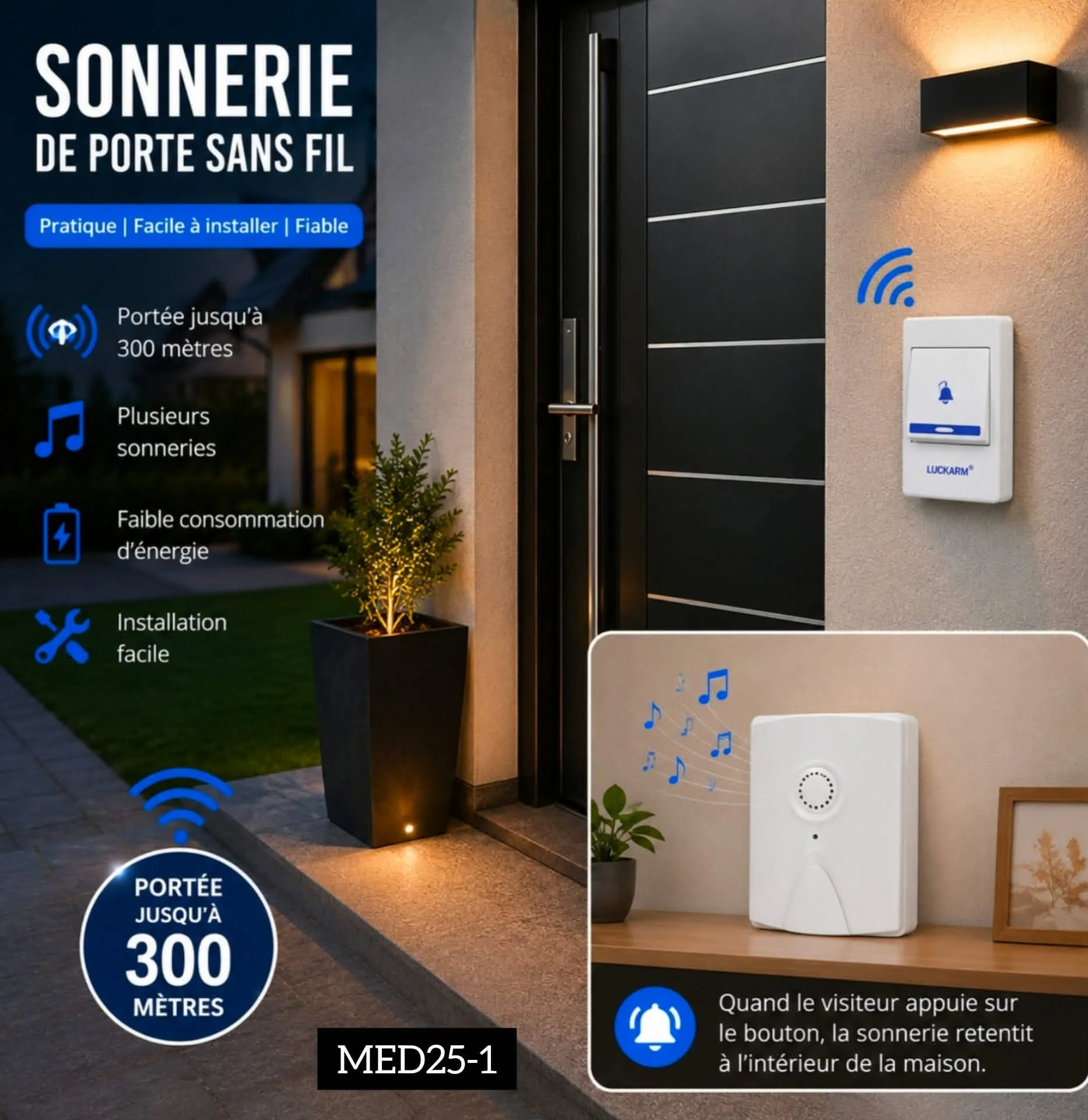 Sonnette de Porte Sans Fil 300 m – Carillon Intelligent Longue Portée